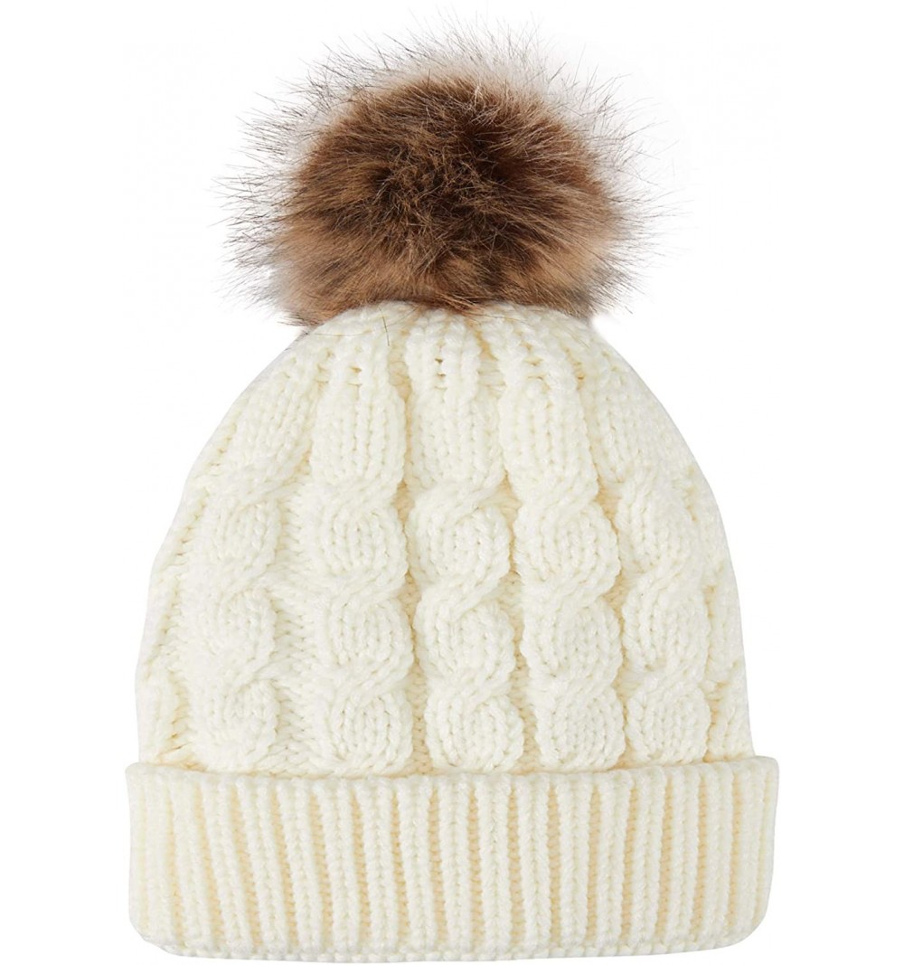 Skullies & Beanies Women's Winter Soft Knitted Beanie Hat with Faux Fur Pom Pom - White - CL18M38SLHR $9.33
