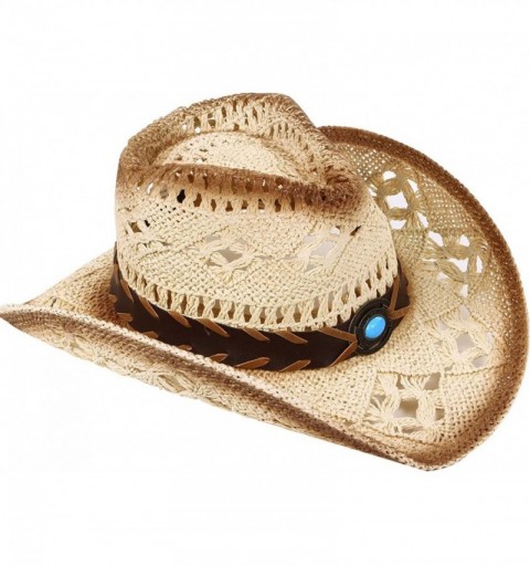 Cowboy Hats Men & Women's Woven Straw Cowboy Hat w/Hat Band - A-blue Bead_beige - C3180O0CQMG $17.52
