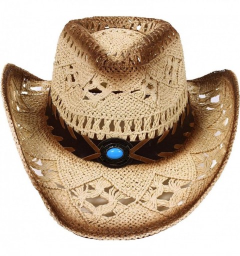 Cowboy Hats Men & Women's Woven Straw Cowboy Hat w/Hat Band - A-blue Bead_beige - C3180O0CQMG $17.52