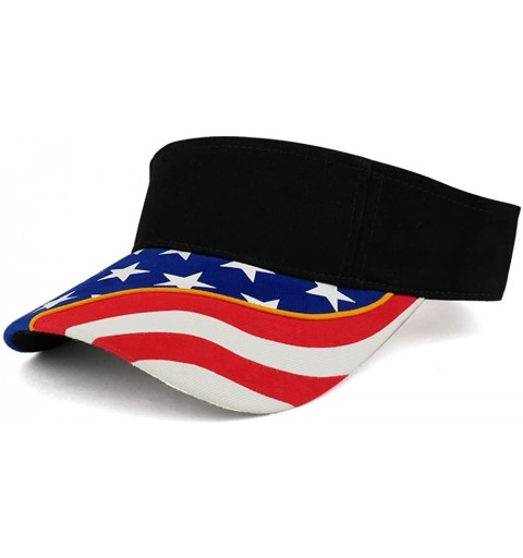 Visors USA Flag Printed Bill Brushed Cotton Twill Sun Visor - Black - CG182GSYKEX $10.83