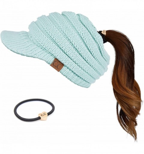 Skullies & Beanies Messy Bun Ponytail Visor Brim Beanie Hat Bundle Hair Tie (MB-131) - Mint - With Cc Ponytail Holder - CT18W...