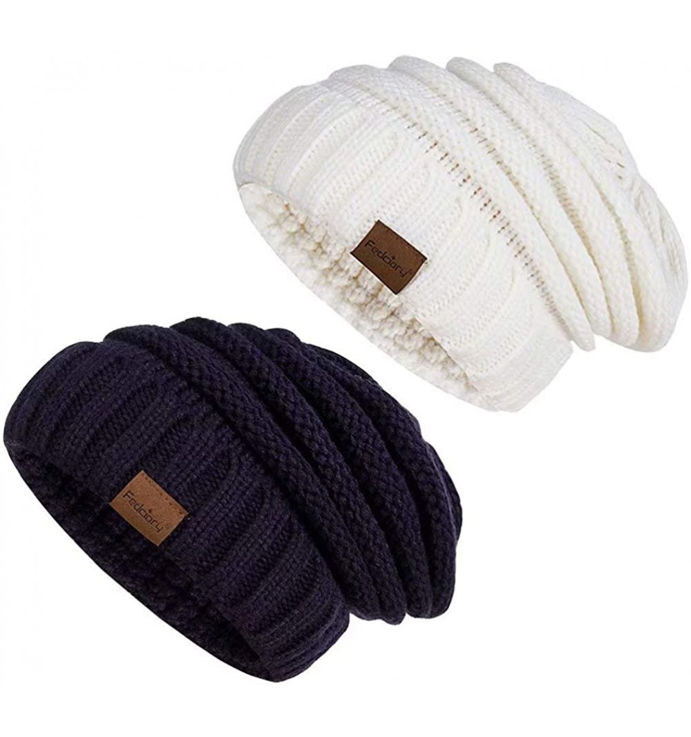 Skullies & Beanies Slouchy Beanie Hat for Women- Winter Warm Knit Oversized Chunky Thick Soft Ski Cap - Cuff Navy+white - CM1...
