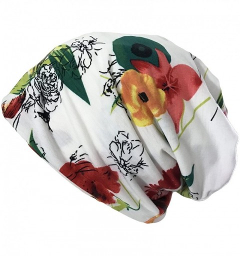 Skullies & Beanies Women's Floral Printed Chemo Cap Hat Slouchy Beanie - White/Red - CS17AZ8Y5EA $11.67