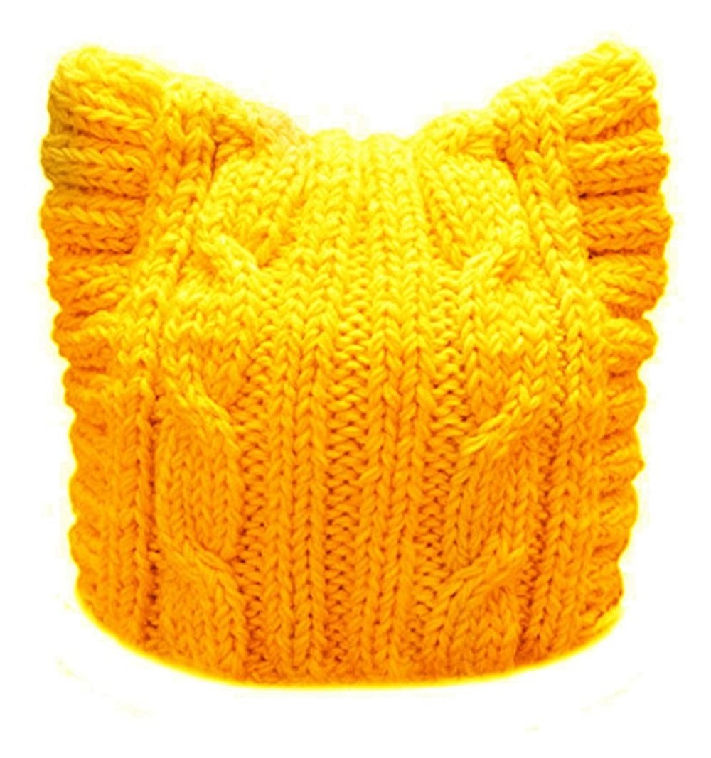 Skullies & Beanies Handmade Knit Pussycat Hat Women's March Parade Cap Cat Ears Beanie - Adult-yellow - CF189X60OE0 $11.17