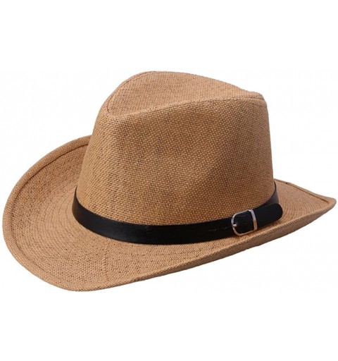 Cowboy Hats Unisex Straw Cowboy Belted Panama Hat Summer Sun Jazz Cap - Light Coffee - CD11L9QJFJN $12.18