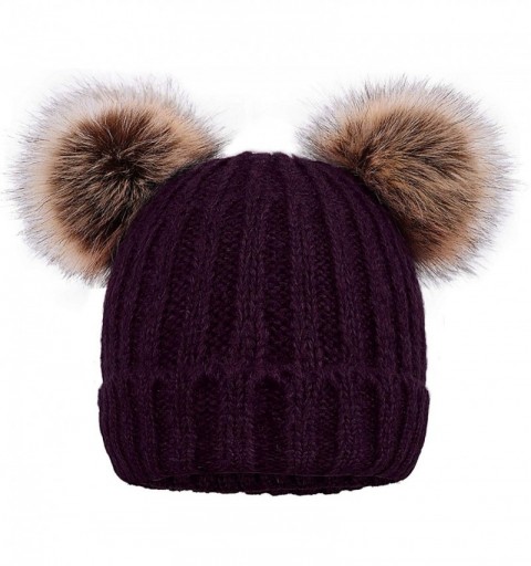 Skullies & Beanies Cable Knit Beanie with Faux Fur Pompom Ears - Purple Hat Purple Ball - C418ROIONG2 $10.85