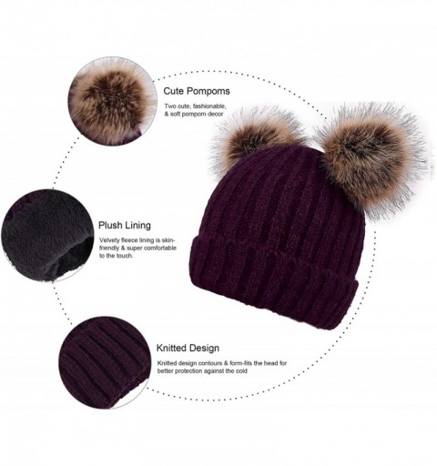 Skullies & Beanies Cable Knit Beanie with Faux Fur Pompom Ears - Purple Hat Purple Ball - C418ROIONG2 $10.85