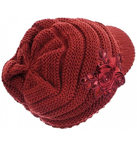 Skullies & Beanies Women Winter Warm Knit Hat Crochet Visor Brim Cap with Flower Accent - Red - CP184HOMA76 $15.99