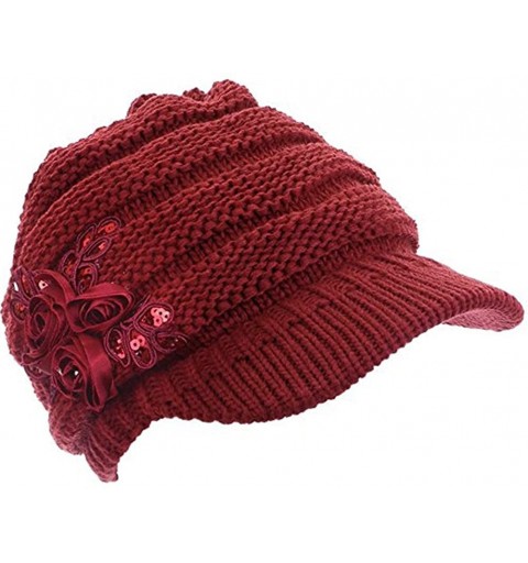 Skullies & Beanies Women Winter Warm Knit Hat Crochet Visor Brim Cap with Flower Accent - Red - CP184HOMA76 $15.99