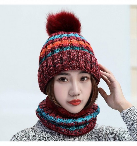 Skullies & Beanies 2 Pcs Knitted Hat Scarf Set for Women Winter Warm Fleece Lined Beanie Hat Ski Hat with Pompom - Red - C919...