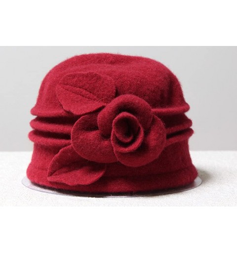 Skullies & Beanies Women 100% Wool Felt Round Top Cloche Hat Fedoras Trilby with Bow Flower - A3 Red - CY185AMQCW6 $14.57
