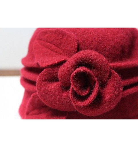 Skullies & Beanies Women 100% Wool Felt Round Top Cloche Hat Fedoras Trilby with Bow Flower - A3 Red - CY185AMQCW6 $14.57