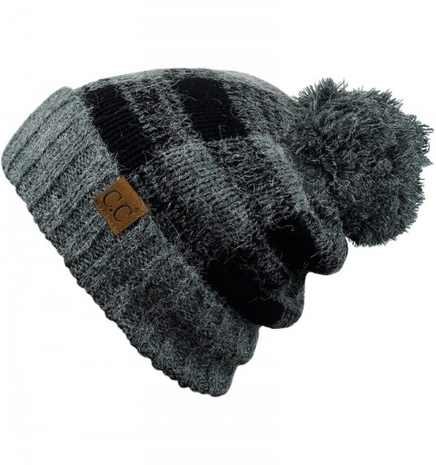 Skullies & Beanies Soft Stretch Pom Pom Fuzzy Lined Buffalo Plaid Cuff Beanie Hat - Dark Melange Gray/Black - CJ1870ZTYAT $19.87