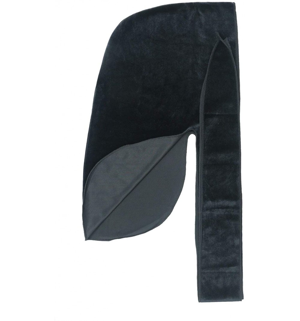 Skullies & Beanies Men's Women's Velvet Durag Cap Headwrap with Long and Wide Strap - Black - CU18DRXUXQ7 $10.98