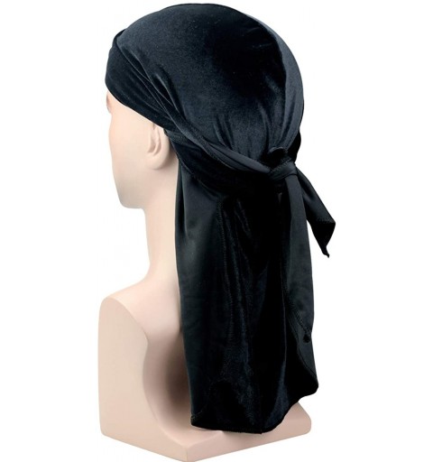 Skullies & Beanies Men's Women's Velvet Durag Cap Headwrap with Long and Wide Strap - Black - CU18DRXUXQ7 $10.98
