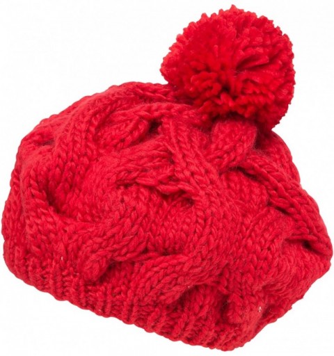 Skullies & Beanies Cable Knit Pom Pom Thick Slouch Hat - Red - C411JDRXUTL $11.47