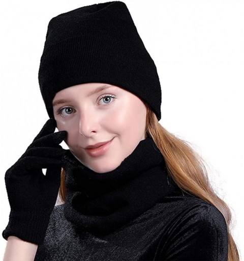 Skullies & Beanies 3 Pieces Knitted Hat Set Winter Thick Warm Knit Hat + Scarf + Touch Screen Gloves - Black - CD18I05SX43 $1...