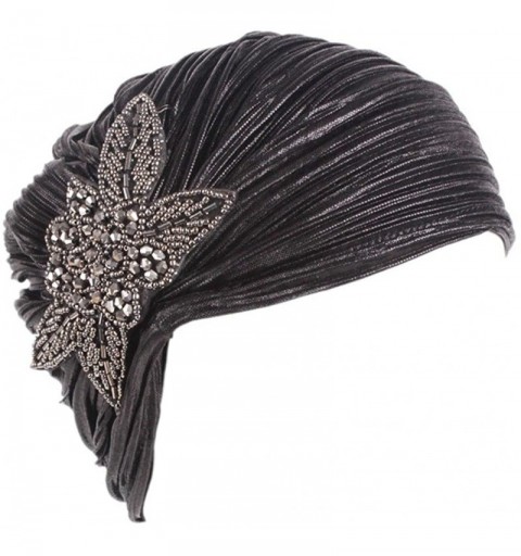 Skullies & Beanies Women's 20S Gatsby Turban Hat Noble Ruffle Glitter Pleated Stretch Head Wraps Chemo Cap - A-03 Black - C21...