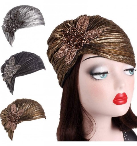 Skullies & Beanies Women's 20S Gatsby Turban Hat Noble Ruffle Glitter Pleated Stretch Head Wraps Chemo Cap - A-03 Black - C21...