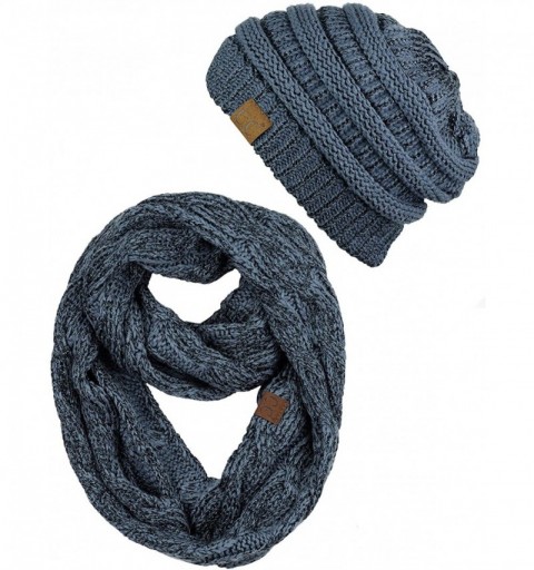 Skullies & Beanies Unisex Soft Stretch Chunky Cable Knit Beanie and Infinity Loop Scarf Set - Dark Denim Metallic - CA18M47X8...