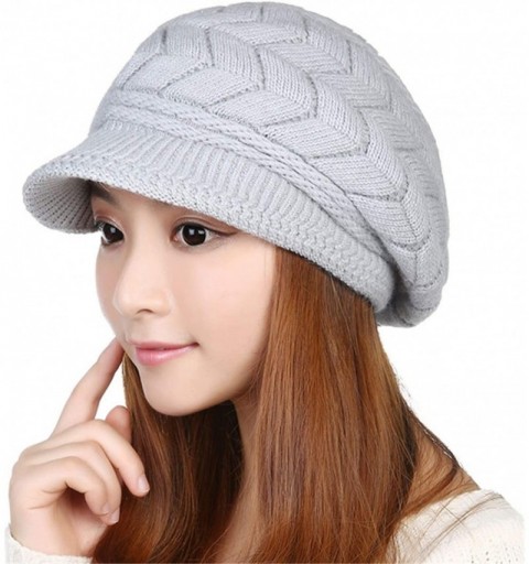 Skullies & Beanies Womens Snow Warm Knitted Winter Wool Beanies Hats For Women Slouchy Cap With Visor - Women Grey - CV18HCQZ...