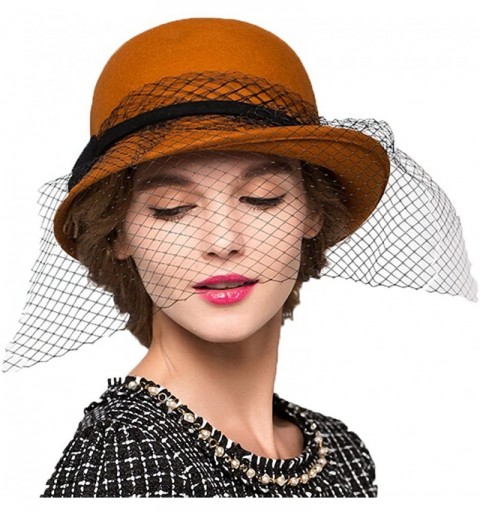 Fedoras Women's Wool Felt Flowers Church Bowler Veil Hats - Orange - CH128NIYQ3J $32.54