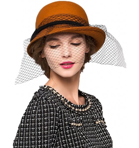 Fedoras Women's Wool Felt Flowers Church Bowler Veil Hats - Orange - CH128NIYQ3J $32.54