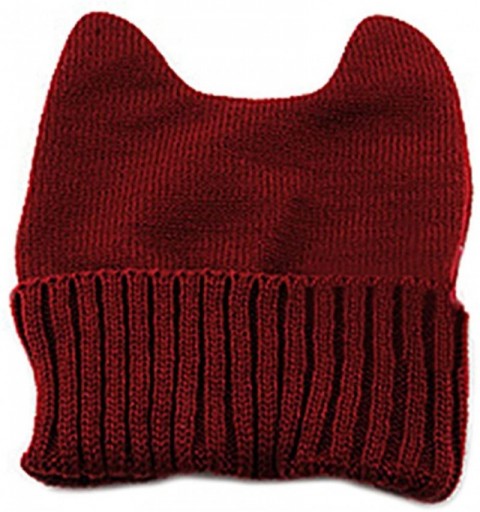 Skullies & Beanies Cute Cat Ear Shape Women Girl Warm Winter Knitted Hat Beanie Cap - Claret - C011OPODATB $9.93