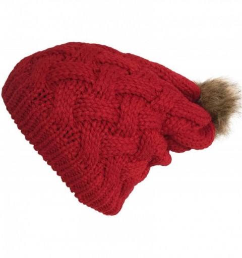 Skullies & Beanies Women Chunky Cable Knit Oversized Slouchy Baggy Winter Thick Beanie Hat Pom Pom - Red - CH1884ASGYW $11.18