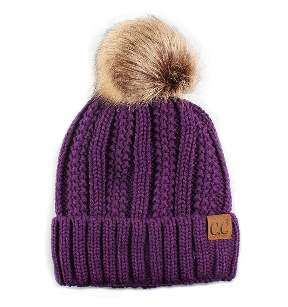 Skullies & Beanies Exclusive Knitted Hat with Fuzzy Lining with Pom Pom - Purple - CO18564RK2O $14.45