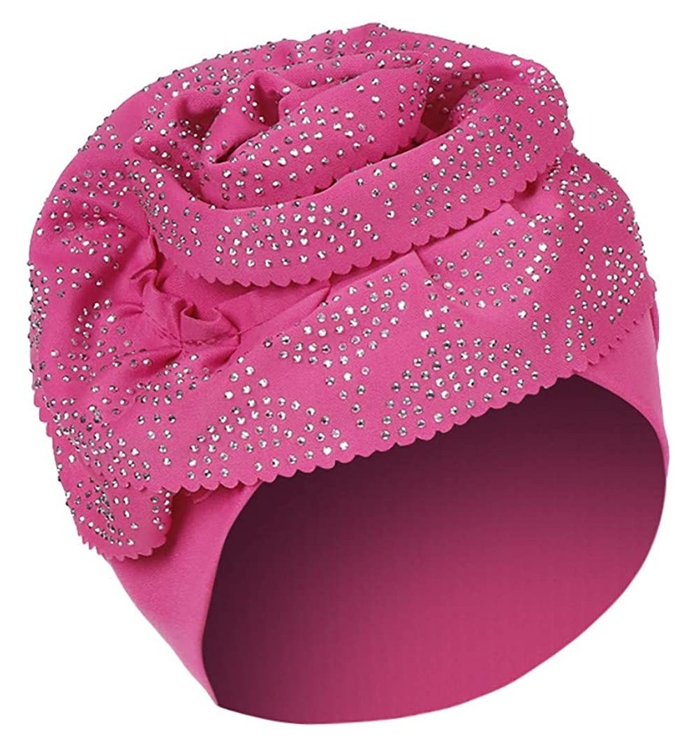 Skullies & Beanies Head Wraps for Women- Chemo Turban Hats Flower Stretchy Turban Brim Cap Pile Vintage Turban - Hot Pink - C...