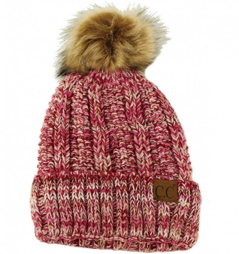 Skullies & Beanies Winter Sherpa Fleeced Lined Chunky Knit Stretch Pom Pom Beanie Hat Cap - Mix Fuchsia - CR18I6QMX66 $18.31