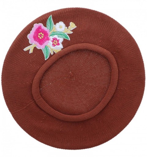 Berets 100% Cotton Beret French Ladies Hat with Pink Flower Bouquet - Brown - CI18R99X0LT $24.46