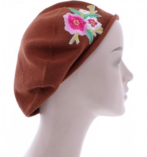 Berets 100% Cotton Beret French Ladies Hat with Pink Flower Bouquet - Brown - CI18R99X0LT $24.46
