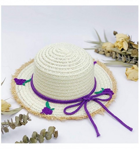 Sun Hats Girls Flower Straw Hat Large Brim Beachwear Sunhat Floral Tea Party Cap - Grape - CS193N2ORTQ $13.27