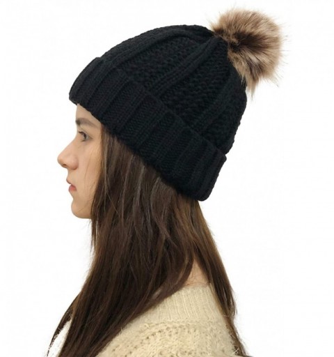 Skullies & Beanies Women Winter Knit Beanie Chunky Baggy Hat with Faux Fur Pompom Ski Cap - Black - C618YLK2W7R $11.87