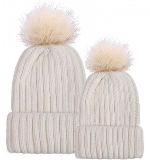 Skullies & Beanies Winter Warm Cable Knit Pom Pom Beanie Hat Parent-Child Set White - CP182WT4705 $21.43