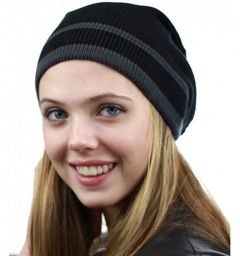 Skullies & Beanies Trendy Baggy Slouchy & Comfort Knitted Daily Beanie Hat w/Stripe - Bk/Gray - CN12HPYE7KT $10.70