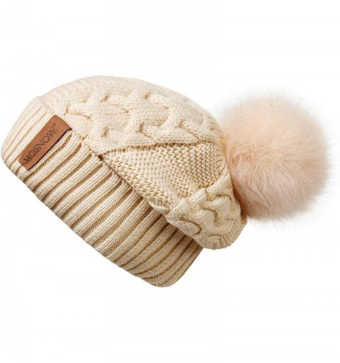 Skullies & Beanies Pompom Beanie for Women Thick Fleece Lined Skull Cap Slouchy Cotton Winter hat Ski Cable Cap - Beige - CE1...