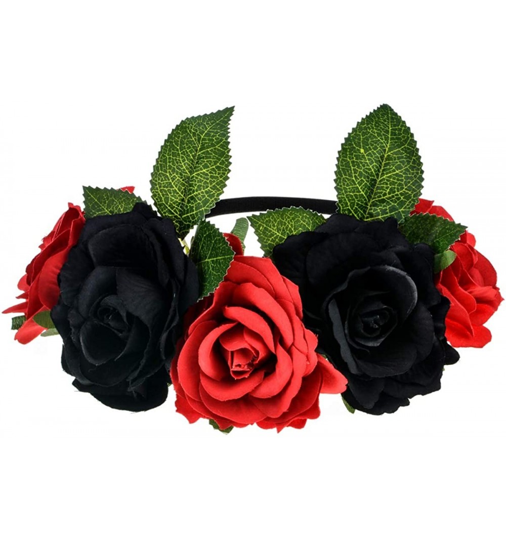 Headbands Custom Mexican Flower Crown Day of The Dead Hawaiian Boho Frida Floral - Red-black-hb - CG18YC5GWZ8 $9.87
