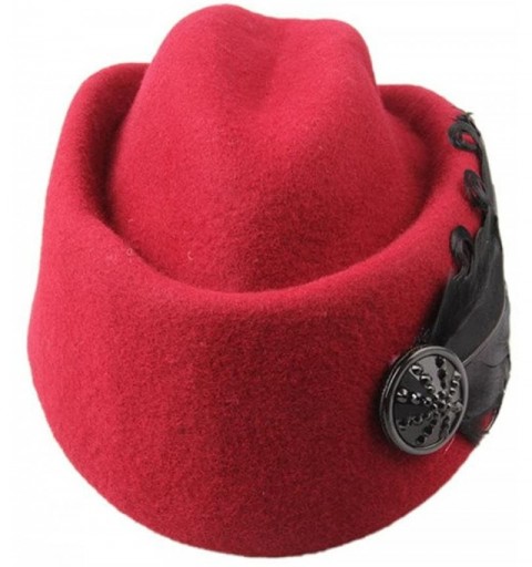 Berets Women's Retro Feather Wool Beret Cap Airline Stewardess Hat - Wine Red - CY124X1D8Z7 $21.25