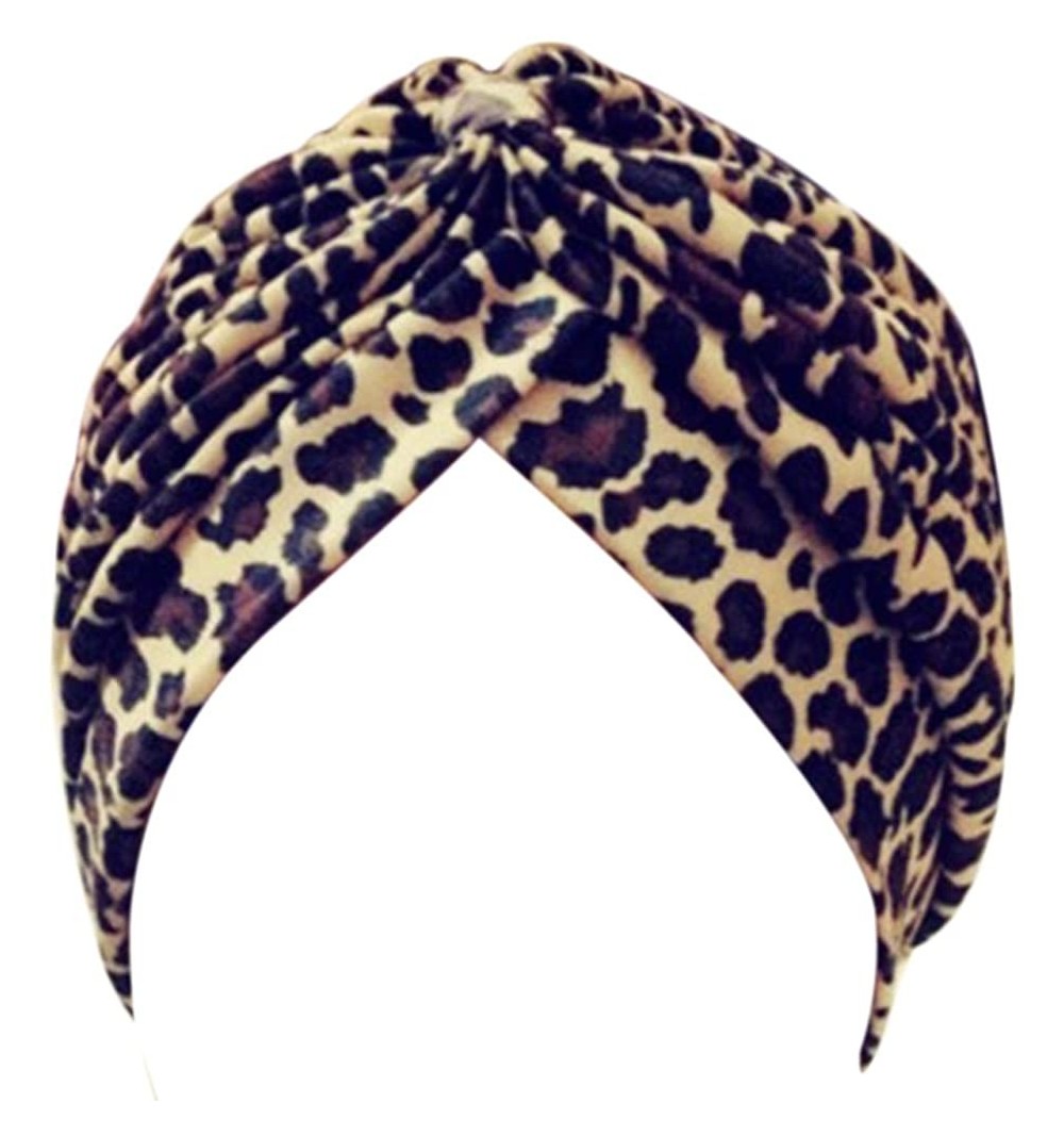 Sun Hats Women Pleated Ruffle Stretch Turban Hat Hair Wrap Cover up Sun Cap - Leopard - CJ12I4BLPHZ $12.08