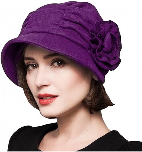 Berets Women's Decorative Flowers Wool Beret - Purple - CJ12NQZ45HZ $53.20