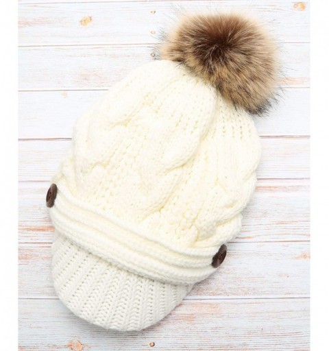Skullies & Beanies Women's Chunky Winter Soft Cable Knitted Double Layer Visor Beanie Hat with Faux Fur Pom Pom - Off White -...