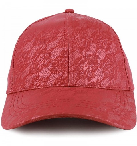 Baseball Caps Lace Pattern Printed PU Leather Structured Adjustable Baseball Cap - Red - CL188KICKNM $11.23