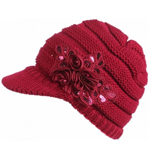 Berets Women Ladies Winter Knitting Hat Warm Artificial Wool Snow Ski Caps With Visor - Q-red - C8188Q69DRM $11.37