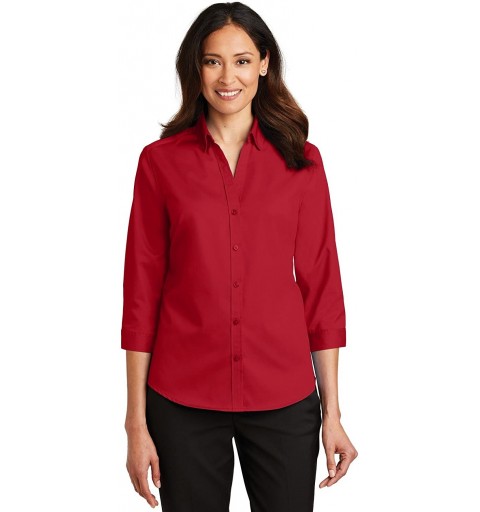Baseball Caps Ladies 3/4-Sleeve SuperPro Twill Shirt-L665-XS - Rich Red - CR12NSQ5IUE $28.35