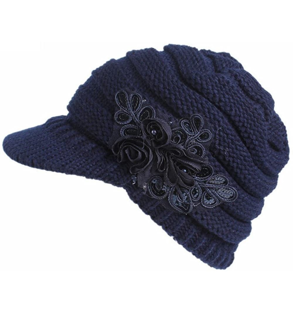 Cold Weather Headbands Women Embroidered Knit Berets Hat Fashion Warm Winter Visor Button Caps - CA18LK9CXDW $12.33