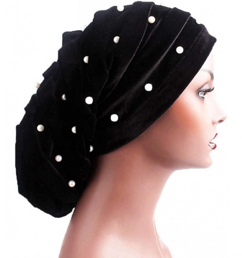 Skullies & Beanies Women Velvet Turban Hat Indian Cap Flower Slouchy Beanie Stretch Chemo Headwrap - Ga Pearl Black - C818YG0...