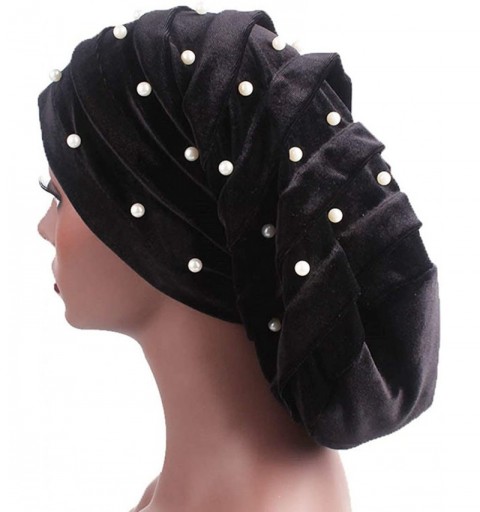 Skullies & Beanies Women Velvet Turban Hat Indian Cap Flower Slouchy Beanie Stretch Chemo Headwrap - Ga Pearl Black - C818YG0...